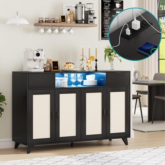 2#Hipicute Rattan Cabinet with Storage.  Wood Sideboard Buffet with Charging Station & LED Lighting