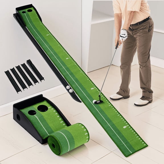 2-Hole Indoor Golf Putting Mat with Ball Return Track, Distance Markings and 3 Golf Balls, Green