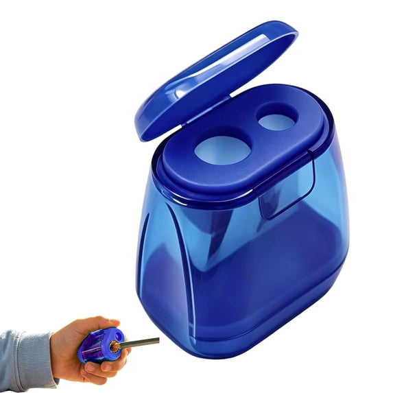 2 Hole Pencil Sharpener with Shavings Container, Manual Handheld Pencil Sharpener for Standard & Jumbo Pencils, Colored Pencils Crayons Sketch Tools, Portable Sharpener, Blue