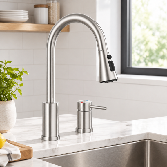 2 Holes Nickel Stainless Steel Kitchen Faucet with Single Handle and Pull Down Sprayer
