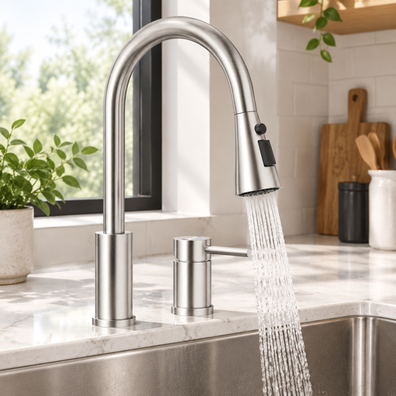 2 Holes Nickel Stainless Steel Pull Down Kitchen Faucet with Single Handle and 3 Modes