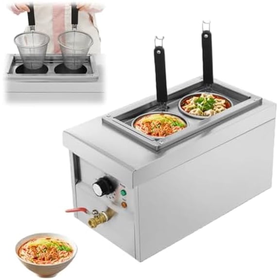2 Holes Noodle Cooking Machine, Commercial Electric Pasta Cooker w/ 2 Independent Noodle Pots, 30-110 Temperature Control, 2KW Table Top Noodles Cooker Machine for Cook Noodles, Pasta