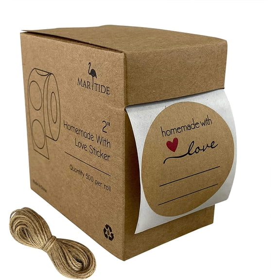 2 Homemade with Love Canning Labels with Lines for Writing, 500 Stickers per Roll in Dispenser Box, Plus Bonus 50 of Twine String