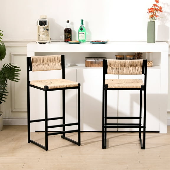 Of 2 Honey Bar Stools, Paper Rope Weave Seating. Metal Base, Modern Style. Ideal For Kitchen Island, & Counter. Easy To Install Graceful Classy Interiors