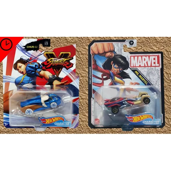 (2) Hot Wheels Character Cars- Marvels -Ms. Marvel & Street Fighter- CHUN-LI