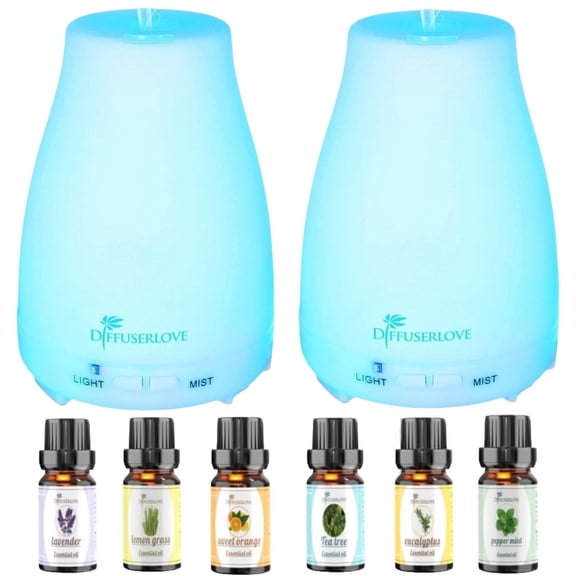 2 Humidifiers For Bedroom, Essential Oil Diffuser, With 6 Bottles of Essential Oil, 7-Color Lighting, Automatic Shut-Off, Home Aromatherapy, Suitable For Bedrooms And Offices