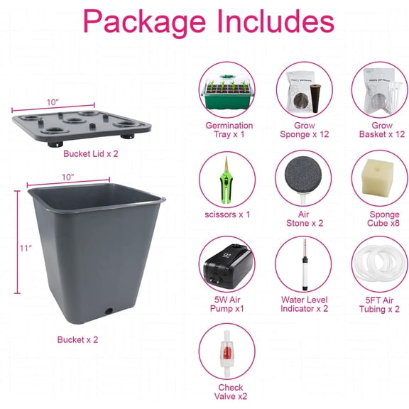 2 Hydroponic Buckets Kit for Plants, Hydroponics Growing System for Herbs/Tomato/Vegetables, DWC System with Air Pump & Germination Tray (Complete Indoor Hydroponic Gardening Supplies)