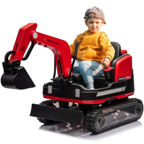 2 IN 1 12V12AH Powered Kids Ride on Excavator Bulldozer 360°Electric Traxcavator 3-Speed w/Music,Toolbox,Remote Control（Red）