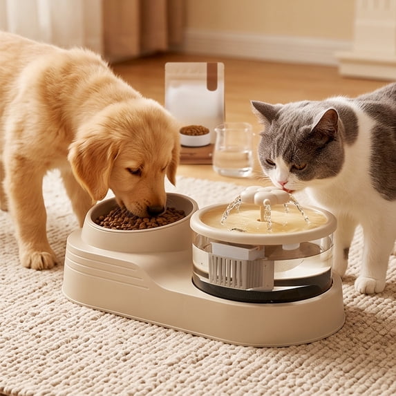 2-IN-1 Cat Water Fountain with Food Bowl, Plastic Automatic Water Dispenser, Dual Design Pet Drinking Fountain for Cats Dogs Indoor Daily Drinking and Feeding