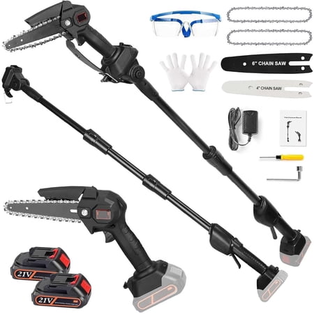 2-IN-1 Cordless Pole Saw, Upgraded Mini Chainsaw with Pole, 21V Electric Pole Chainsaw W/2Pcs 3.0Ah Battery, 33FT/S Speed, 6" & 4" Cutting Capacity,13FT Max Reach Pole Saw for Tree Trimming Branches