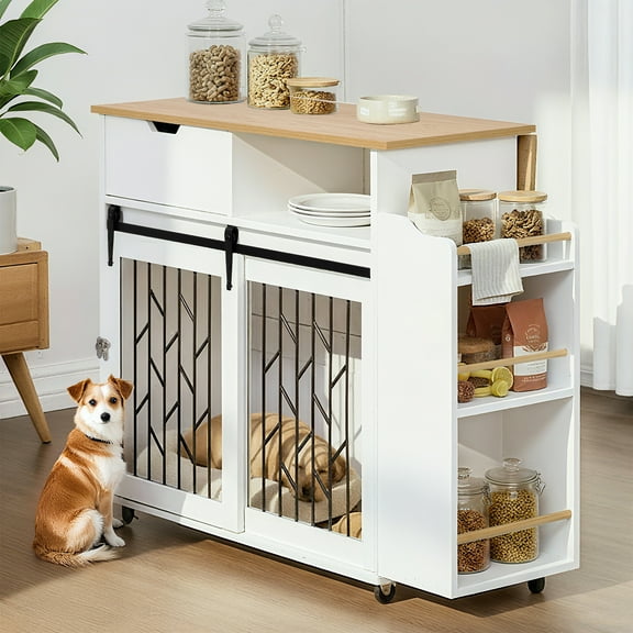 2 IN 1 Modern Dog Crate Kitchen Island With Storage for Small-sized Dogs up to 40lbs, 33.8" L, Cream White Dog Furniture End Table with Wheels