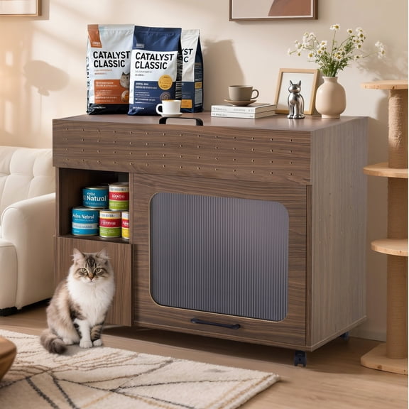 2 IN 1 Multi-use Cat Litter Box Enclosure, Modern Walnut Side Table with Storage, Buffet Cabinet Side Board