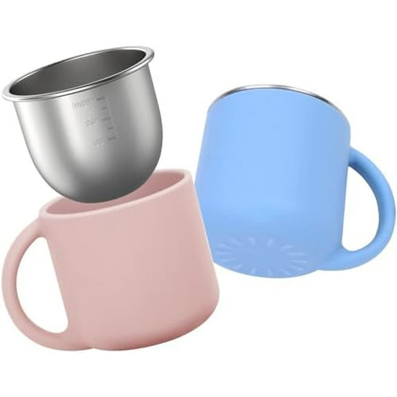 2-IN-1 Open Toddler Cups, Stainless Steel Cup + Silicone Training Cup for Toddlers Kids Babys, No Plastic | No Soap Smell | Shock-Proof Baby Led Weaning Supplies, 2-Pack Blue/Blush