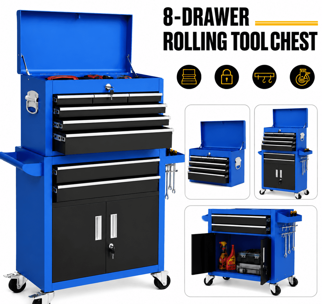 rolloチェスト Seizeen 2-IN-1 Mobile Rolling Tool Chest, 8 Drawers, Large