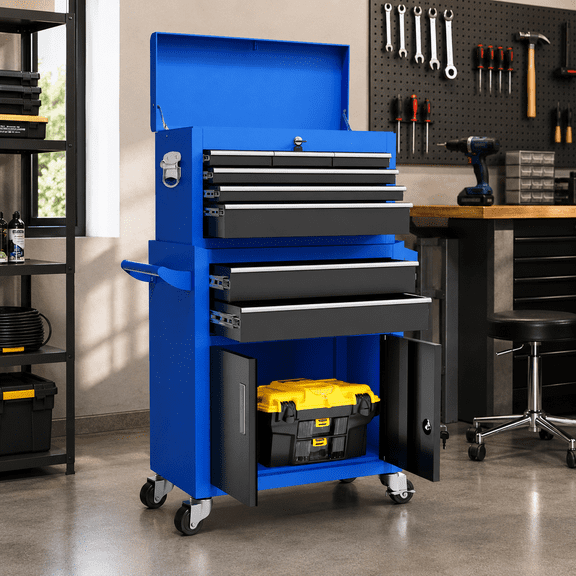 2-IN-1 Rolling Tool Chest, Detachable Tool Box and Storage Cabinet on Wheels, Heavy-Duty Steel Tool Organizer w/ 8 Drawers for Workshop Garage Studio, Side Hooks, Classification Box, Liner