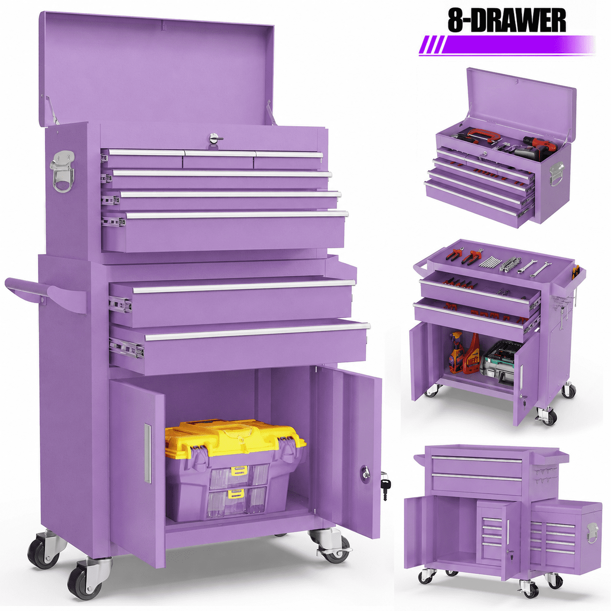 2-IN-1 Rolling Tool Chest, Stainless Steel Tool Organizer Box Hidden Set, Tool Storage On Wheels W/ 8 Sliding Drawers for Workshop Garage Studio Hair-Salon, Purple