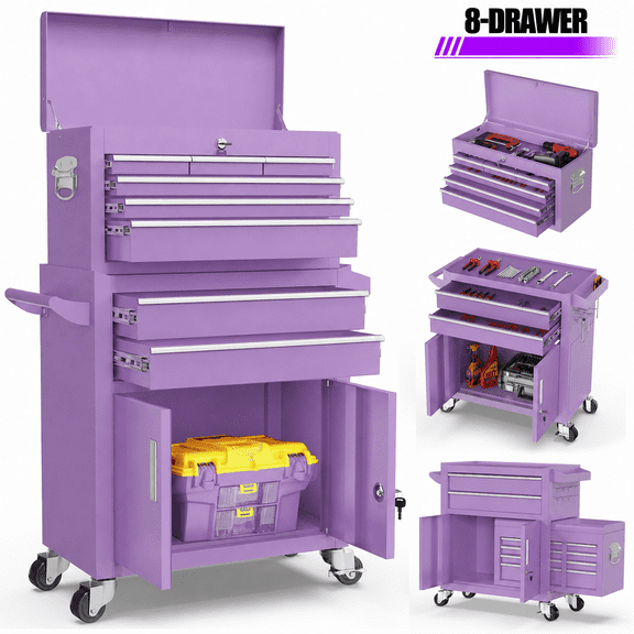 2-IN-1 Rolling Tool Chest, Stainless Steel Tool Organizer Box Hidden Set, Tool Storage On Wheels W/ 8 Sliding Drawers for Workshop Garage Studio Hair-Salon, Purple