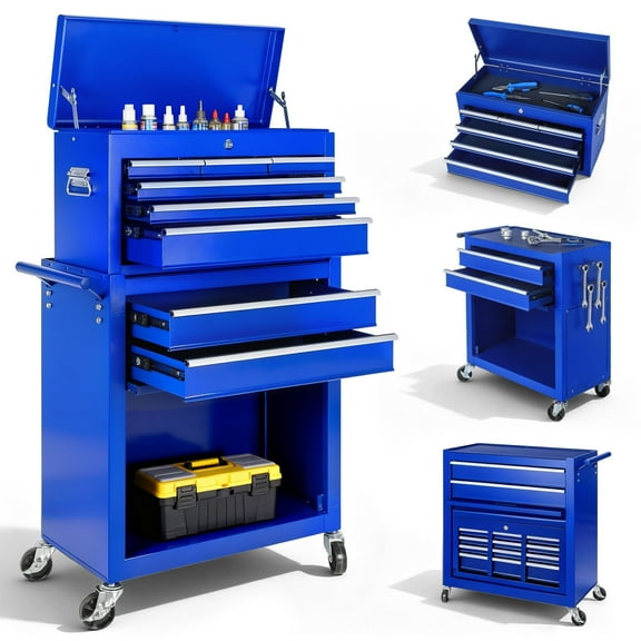 2-IN-1 Rolling Tool Chest Storage Box, Upgrade Steel Tool Box Hidden Desing, Detachable Tool Storage On Wheels W/Sliding Drawers for Workshop Garage Studio, Blue