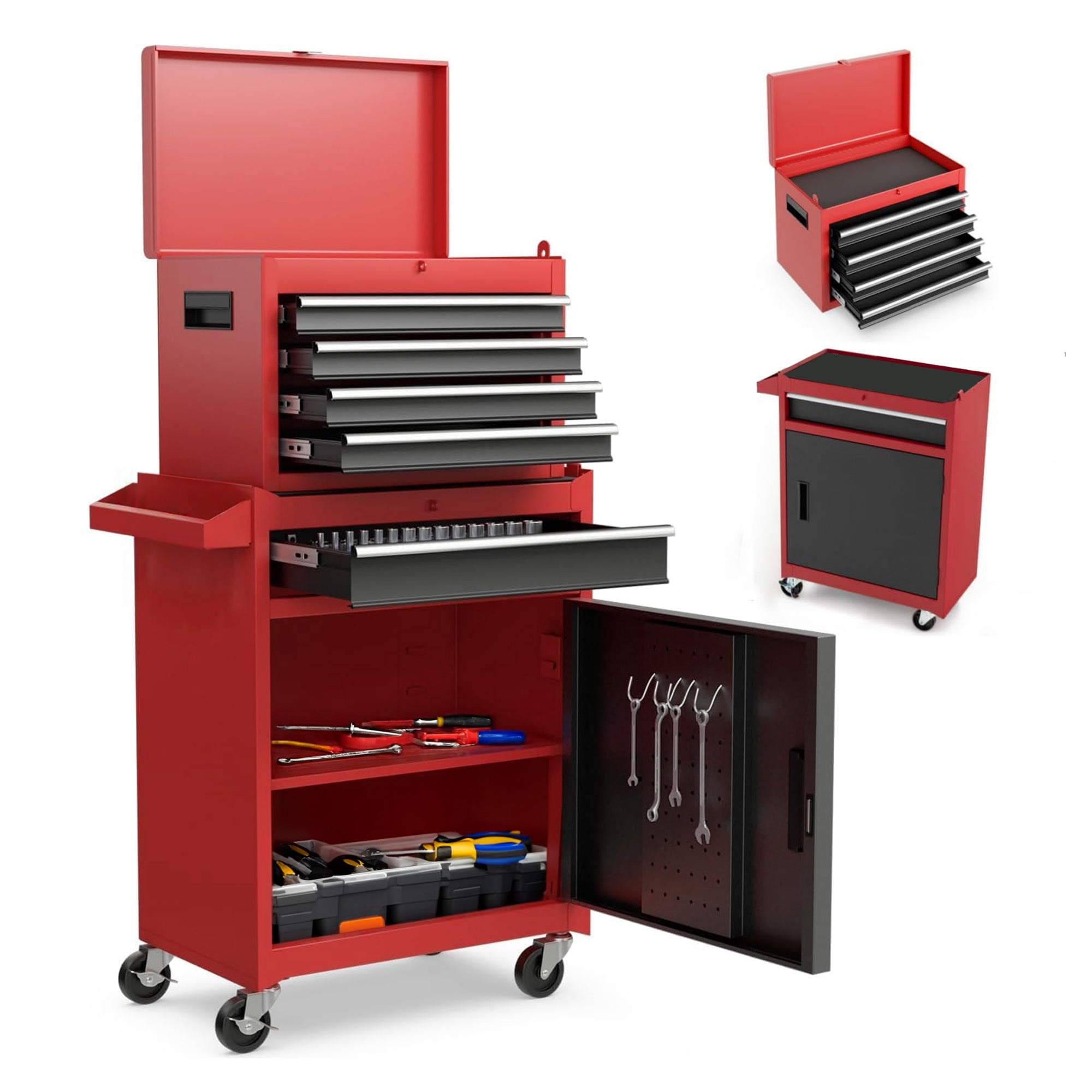 2-IN-1 Tool Chest, 20-Inch 5-Drawer Rolling Tool Storage Cabinet with Detachable Top Tool Box Adjustable Shelf, Locking Metal Tool Cart for Garage Workshop