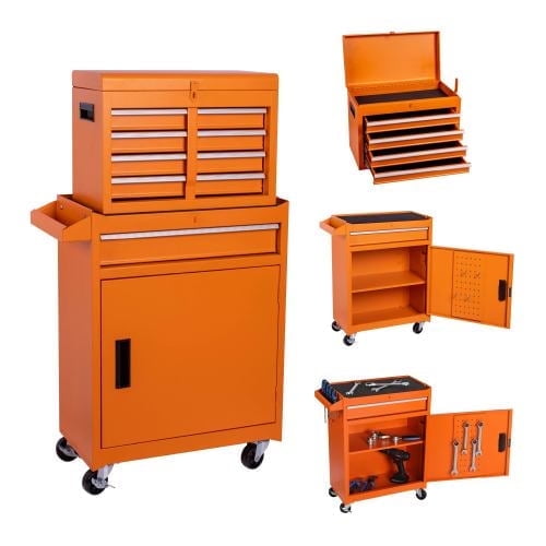 2-IN-1 Tool Chest, 5-Drawer Rolling Tool Storage Cabinet with Detachable Top Tool Box, Liner, Universal Lockable Wheels, Adjustable Shelf, Locking Mechanism, Metal Tool Cart for Garage Workshop
