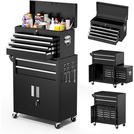 2-IN-1 Tool Chest & Cabinet, Large Capacity 8-Drawer Rolling Tool Box Organizer with Wheels Lockable, Black