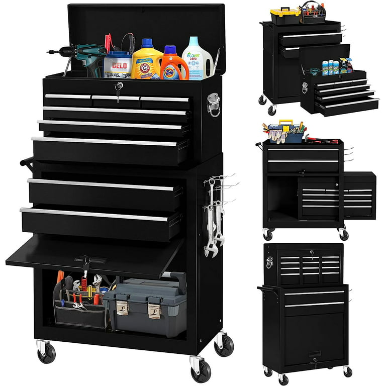 2-in-1 Tool Chest & Cabinet, Large Capacity 8-Drawer Rolling Tool Box Organizer with Wheels Lockable Craft, Black