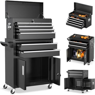 SUNCROWN 2-IN-1 Tool Chest, 8-Drawer Rolling Tool Chest with Hooks and Lockable Wheels,Metal Storage Detachable Top Tool Box with Lockable Wheels for Garage, Workshop, Art Studio(Black)