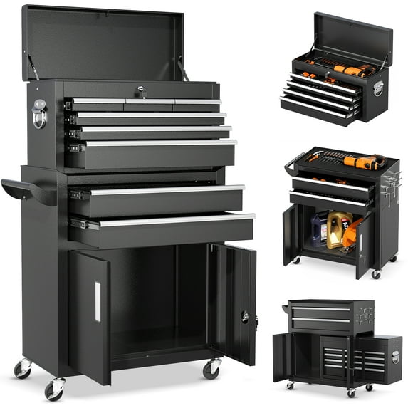 SUNCROWN 2-IN-1 Tool Box, 8-Drawer Rolling Tool Chest with Drawers on Wheels ,Metal Storage Detachable Top Tool Box with Lockable Wheels and Hooks for Garage, Workshop, Art Studio(Black)