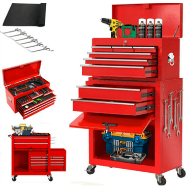 2-IN-1  Tool Chest & Cabinet, Large Capacity 8-Drawer Rolling Tool Box Organizer with Wheels Lockable, Red