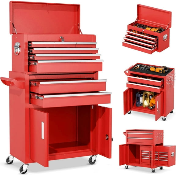 2-IN-1 Tool Chest & Cabinet, Large Capacity 8-Drawer Rolling Tool Box Organizer with Wheels Lockable, Red