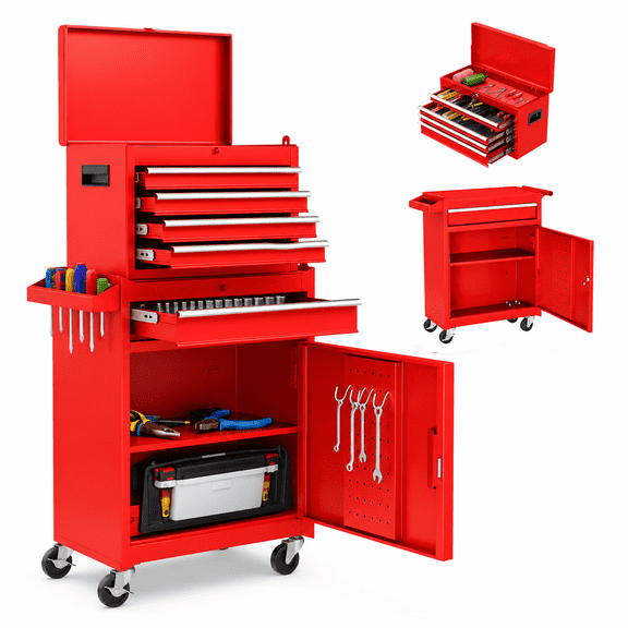 2-IN-1 Tool Chest with Drawers, Seizeen 2-tier Rolling Tool Box & Cabinet Large Capacity with 4 Drawers, Lockable Tool Box Organizer On Wheels, Red