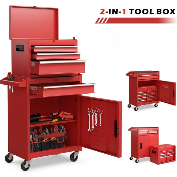 2-IN-1 Tool Chest with Drawers, Seizeen 2-tier Rolling Tool Box & Cabinet Large Capacity with 4 Drawers, Lockable Tool Box Organizer On Wheels, Red