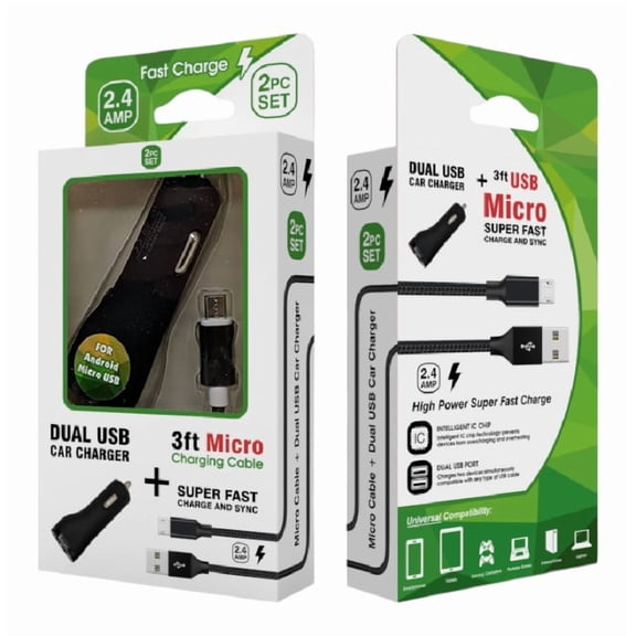 2 IN 1 Travel Charger Kit - Dual USB Car Charger 3 Foot Cable