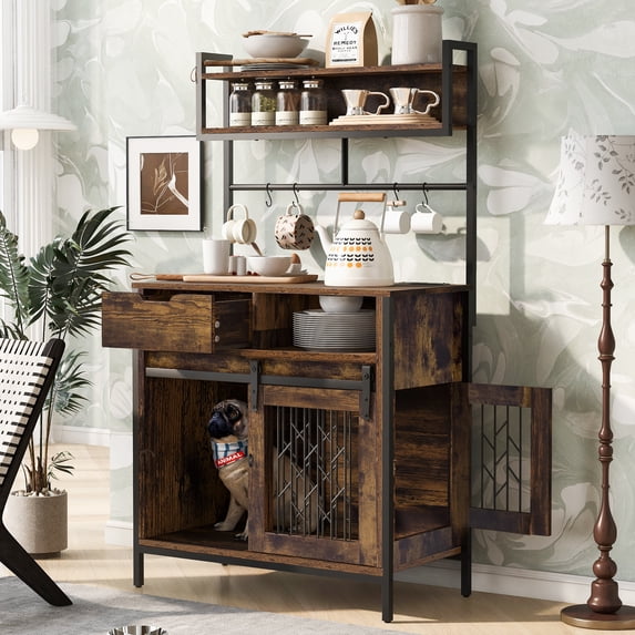 2 IN 1 Versatile Dog Crate Side Cabinet Organizer, Hutch Kitchen Cabinet with Storage, Dog Kennel with Cup Board, Drawers