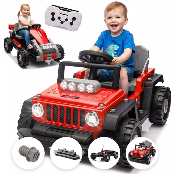 2-In-1 12V Kids Ride On Building Block Cars, Electric Truck Car/Kart-Switch Freely, Ride on Toys with Remote Control, Toddler Car with Multifunctional Control Panel, Gift for Boys Girls 2-4, Red