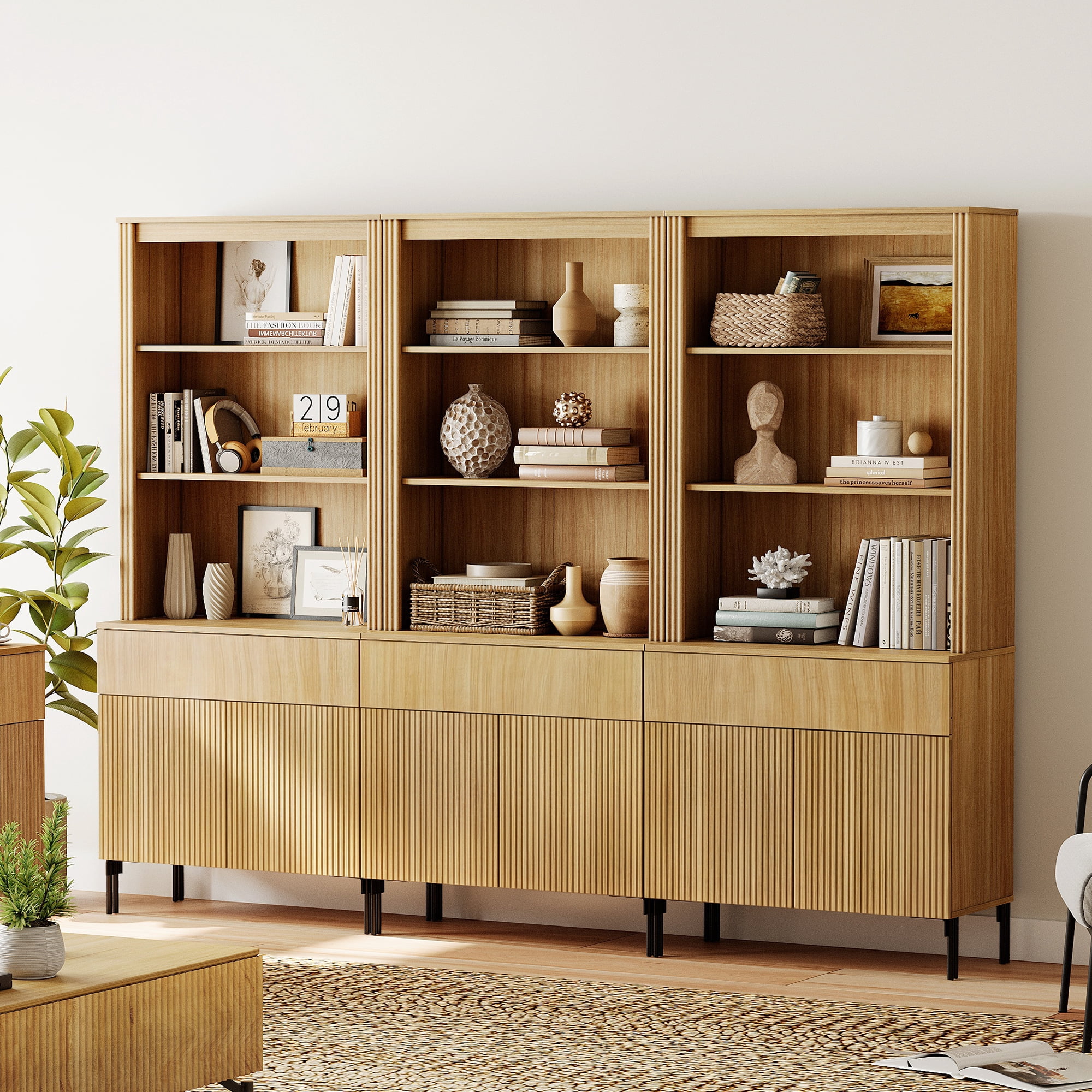2-In-1 71" Tall Arched Kitchen Pantry Cabinet, Wood Bookcase Display Cabinet With Glass Doors And Adjustable Shelves, Mid-Century Modern Versatile Cupboard For Dining Room, Bedroom