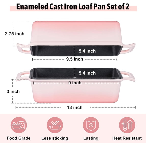2-In-1 9 x 5 Inch Cast Iron Loaf Pan with Lid (Pink)