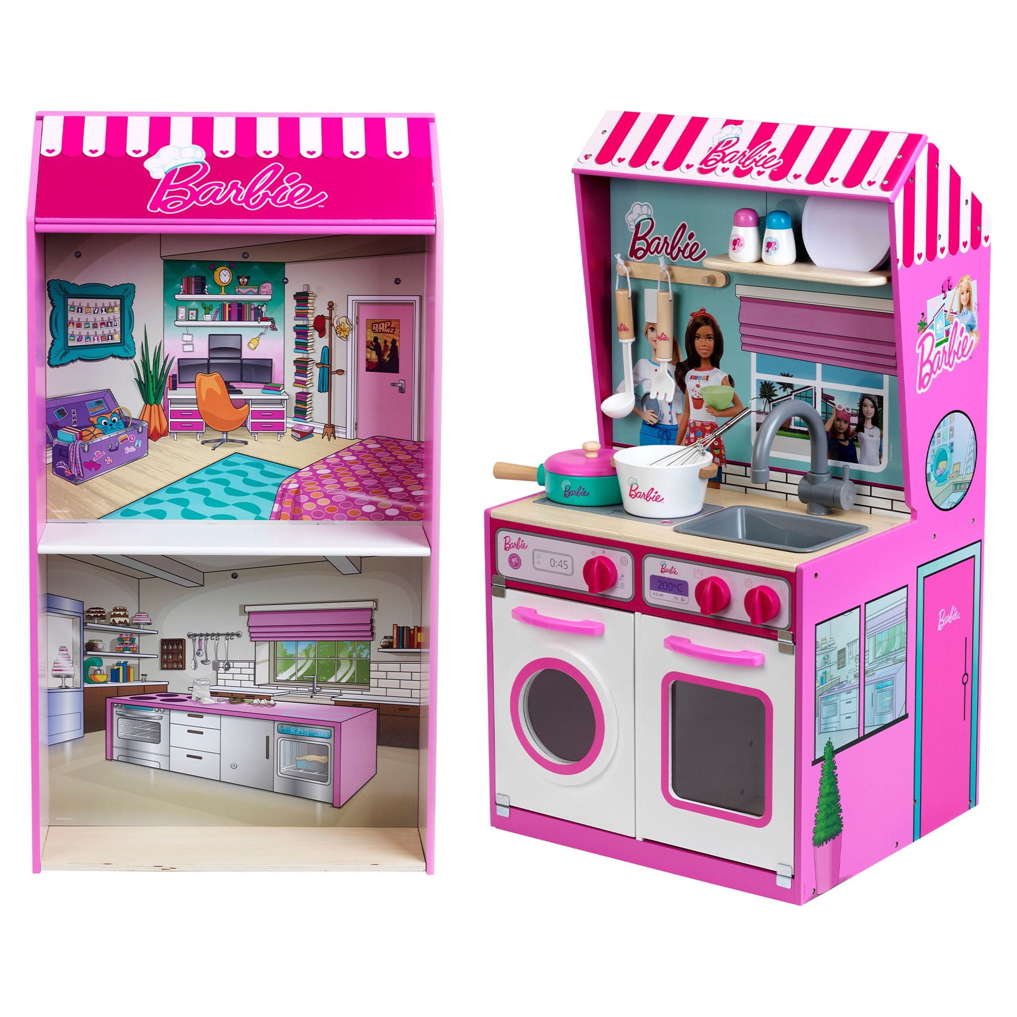 Open Box 2 In 1 Barbie Pretend Play Toy Kitchen and Dollhouse for Kids