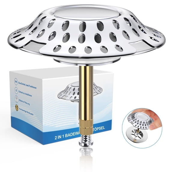 2 In 1 Bathtub Plug with Hair Strainer Brass Anti-Clog Drain Stopper with Filtration Design and Height Adjustable Sealing Ring for 2 Inch Openings