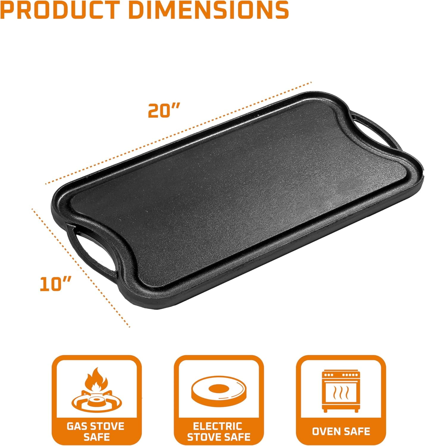 2-In-1 Cast Iron Skillet Roasting Pan With Griddle For Stove Top - 20x10 Inch Multi Cooker Non-Stick Camping Cookware