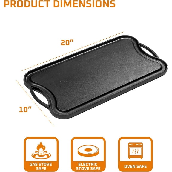 2-In-1 Cast Iron Skillet Roasting Pan With Griddle For Stove Top - 20x10 Inch Multi Cooker Non-Stick Camping Cookware