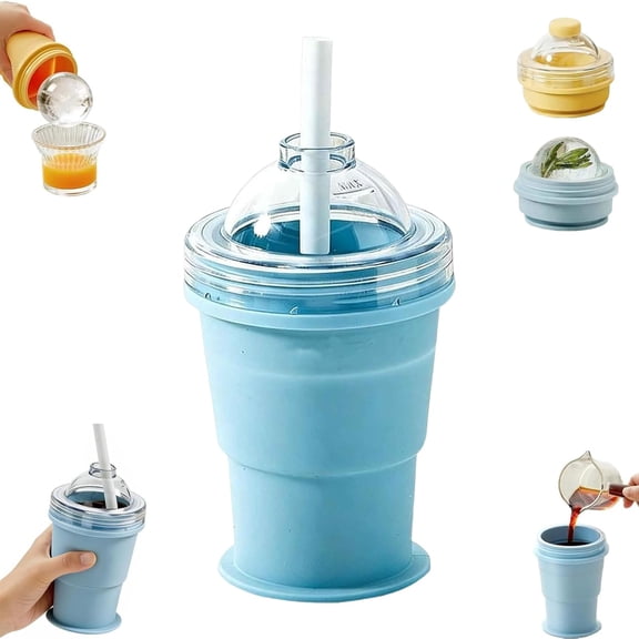 2-In-1 Collapsible Silicone Ice Ball Maker Cup, Reusable Ice Sphere Mold with Straw & Lid, Easy Demolding for Coffee Juice Home Gym