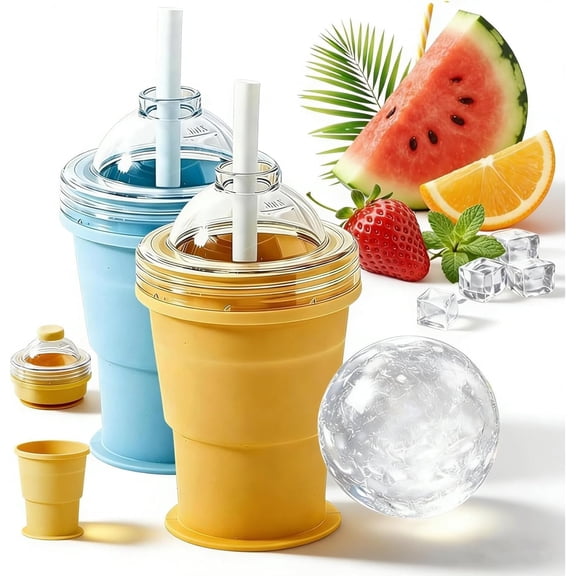 2-In-1 Collapsible Silicone Ice Ball Maker Cup, Silicone Collapsible Ice Ball Cup With Lid And Straw, Touch-Free Large Round Ice Sphere Mold,One-Click Easy Demolding,Leakproof Travel Tumbler (Mix)