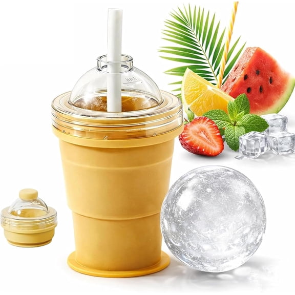 2-In-1 Collapsible Silicone Ice Ball Maker Cup, Silicone Collapsible Ice Ball Cup With Lid And Straw, Touch-Free Large Round Ice Sphere Mold,One-Click Easy Demolding,Leakproof Travel Tumbler (Yellow)