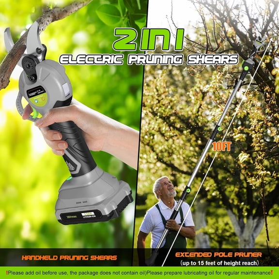 2 In 1 Cordless Electric Pole Pruning Shears with LCD Display, 8.8ft Extendable Tree Trimmer, 2 Batteries & Goggles for Heavy Duty Cutting