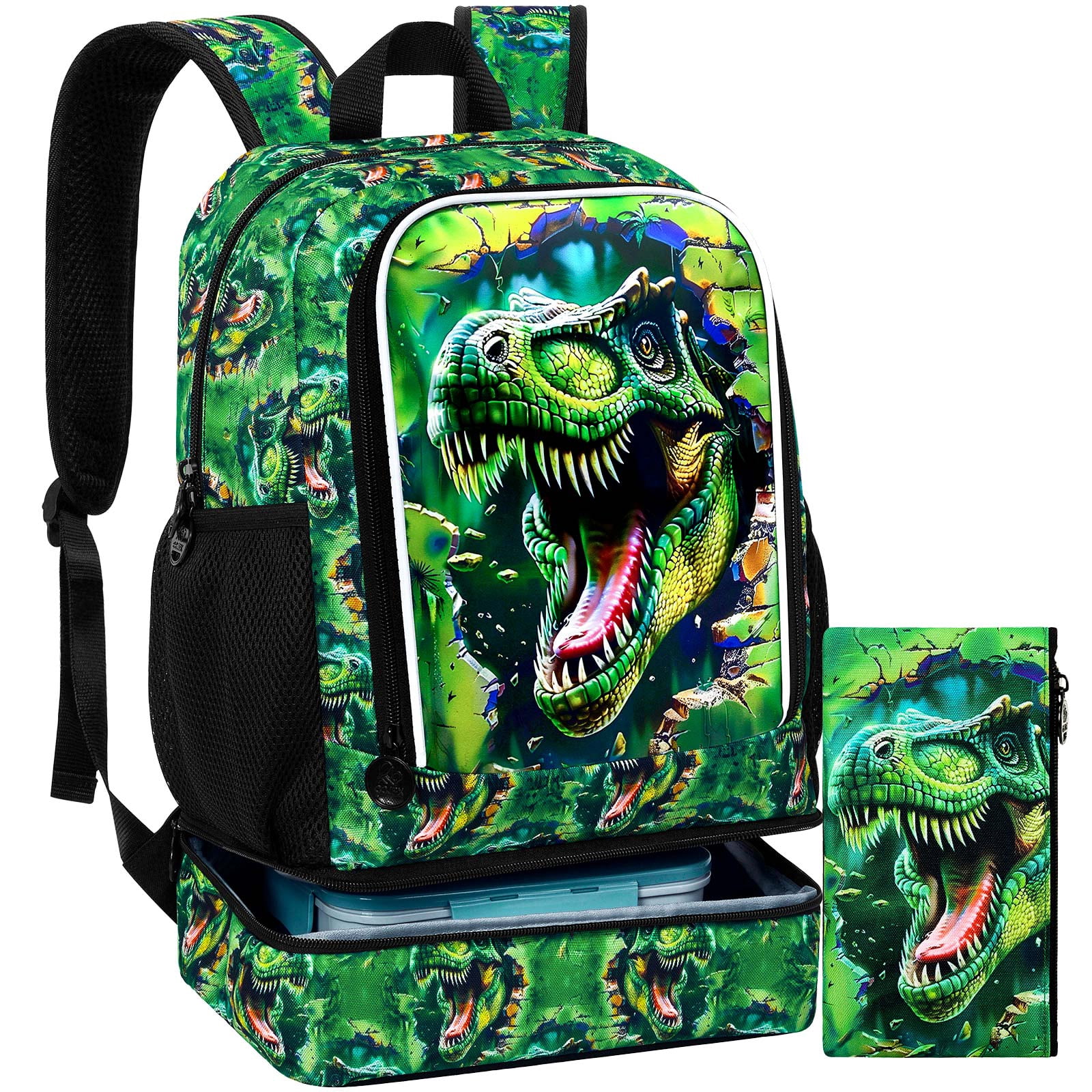 Mochila 2 en 1 de Dinosaurio para Niños, Bookbag de 17" con Lonchera Aislada, Mochilas Escolares para Primaria y Preescolar (Negro)