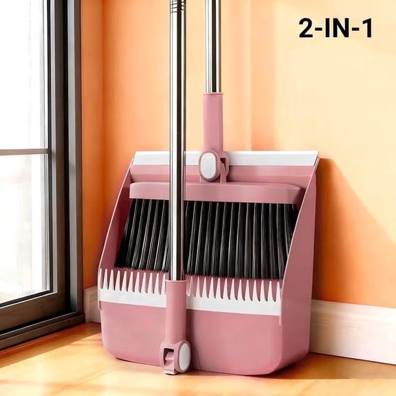 Jiasling 2-In-1 Foldable Broom with Dustpan Combo Set Household Cleaning Tool Set with Long Handle, Pink