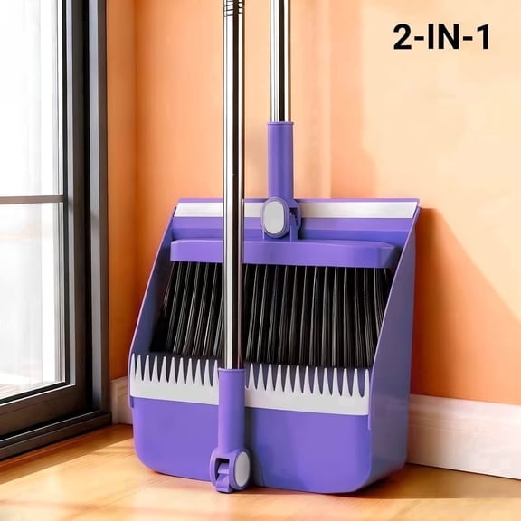 Jiasling 2-In-1 Foldable Broom with Dustpan Combo Set Household Cleaning Tool Set with Long Handle, Purple