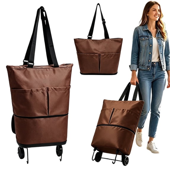 2-In-1 Foldable Rolling Cart for Grocery Shopping, Brown Portable Tote Trolley with Collapsible Frame Smooth Wheels, Space-Saving Travel Cart for Market, Small Size