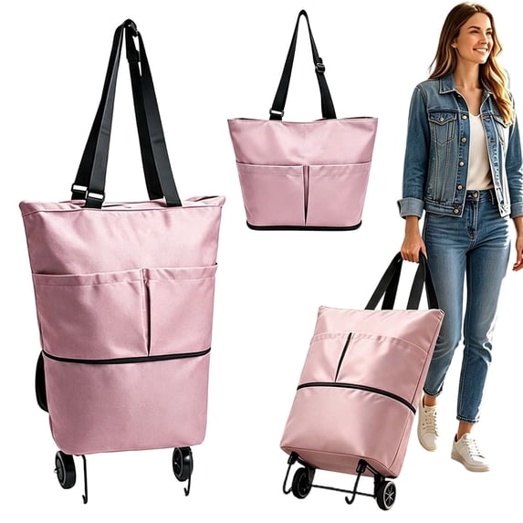 2-In-1 Foldable Rolling Cart for Grocery Shopping, Light Pink Portable Tote Trolley with Collapsible Frame Smooth Wheels, Space-Saving Travel Cart for Market, Small Size